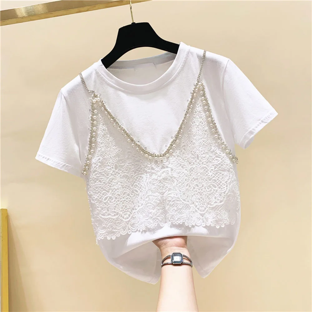 Lace stitching fake two-piece beaded diamond short-sleeved t-shirt women's 2022 summer loose design top trendy cotton clothes