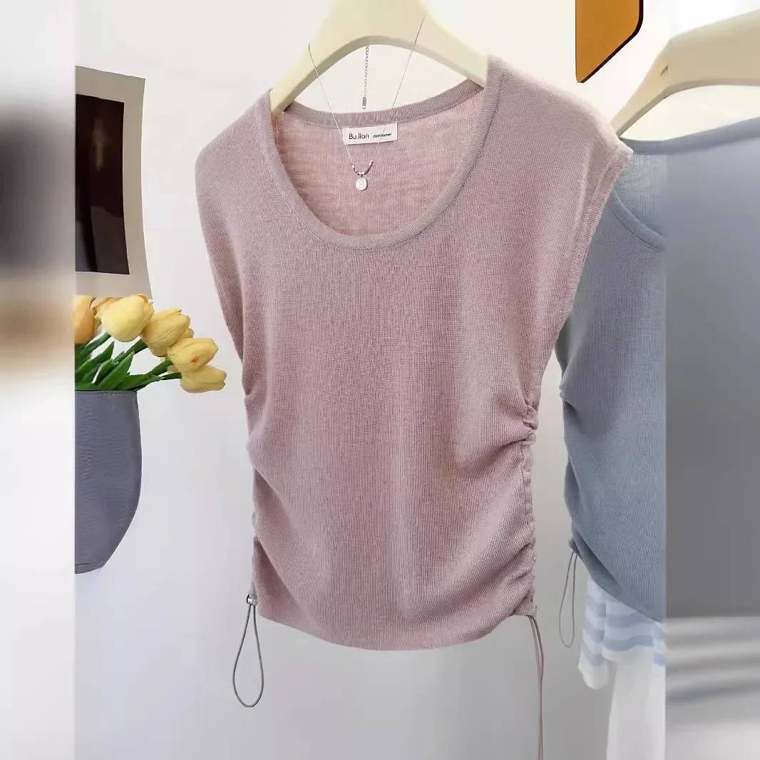 Нежный стиль вязаный топ с круглым вырезом летняя утягивающая женская футболка