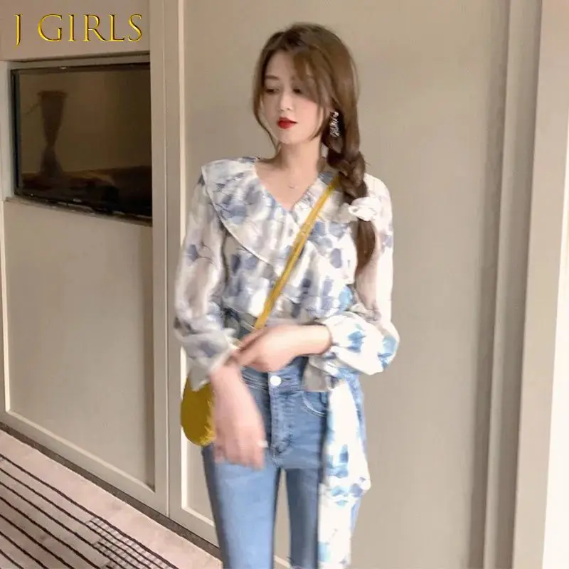 

J GIRLS Blouses Women Ulzzang Aesthetic Retro All-match Elegant Fashion Floral Vintage Ruffles Summer College Chiffon Design
