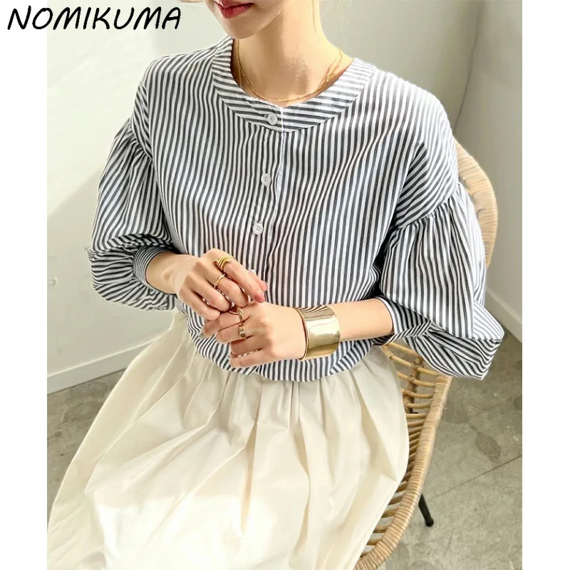Японская летняя новая полосатая рубашка Nomikuma с пышными рукавами повседневный