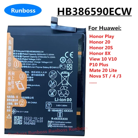 Оригинальный аккумулятор HB386590ECW для Huawei Nova 5T/3/4 P10 Plus Honor 20s Play 8X Mate 20 Lite YAL-AL00 YAL-L21
