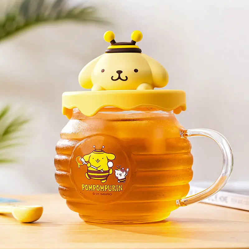

Sanrio Pompom Purin Water Cup Hellokitty Glass Bee Can Shape Juice Milk Tea Cup Creative Cartoon Cute Heat-Resistant Milk Cup