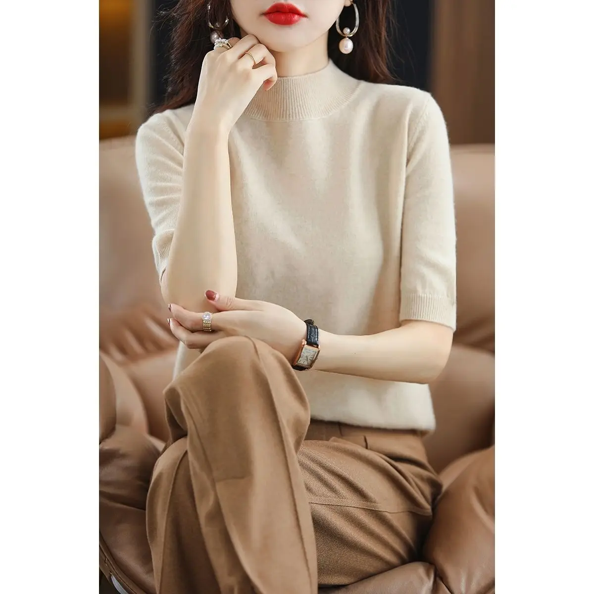 Женский трикотажный свитер с рукавом до локтя базовый многослойный пуловер