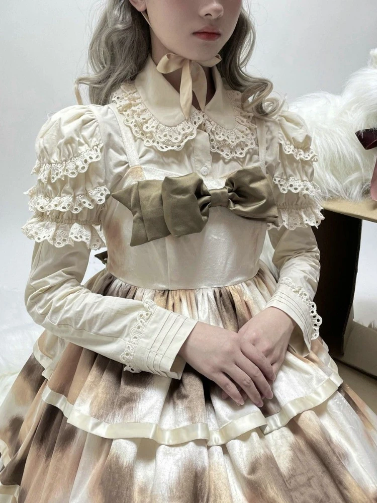 

Kawaii White Peter Pan Collar Lolita Blouses Women Japanese Victorian Gothic Shirts Removable Sleeve Fall 2023 Ruffles Lace Tops