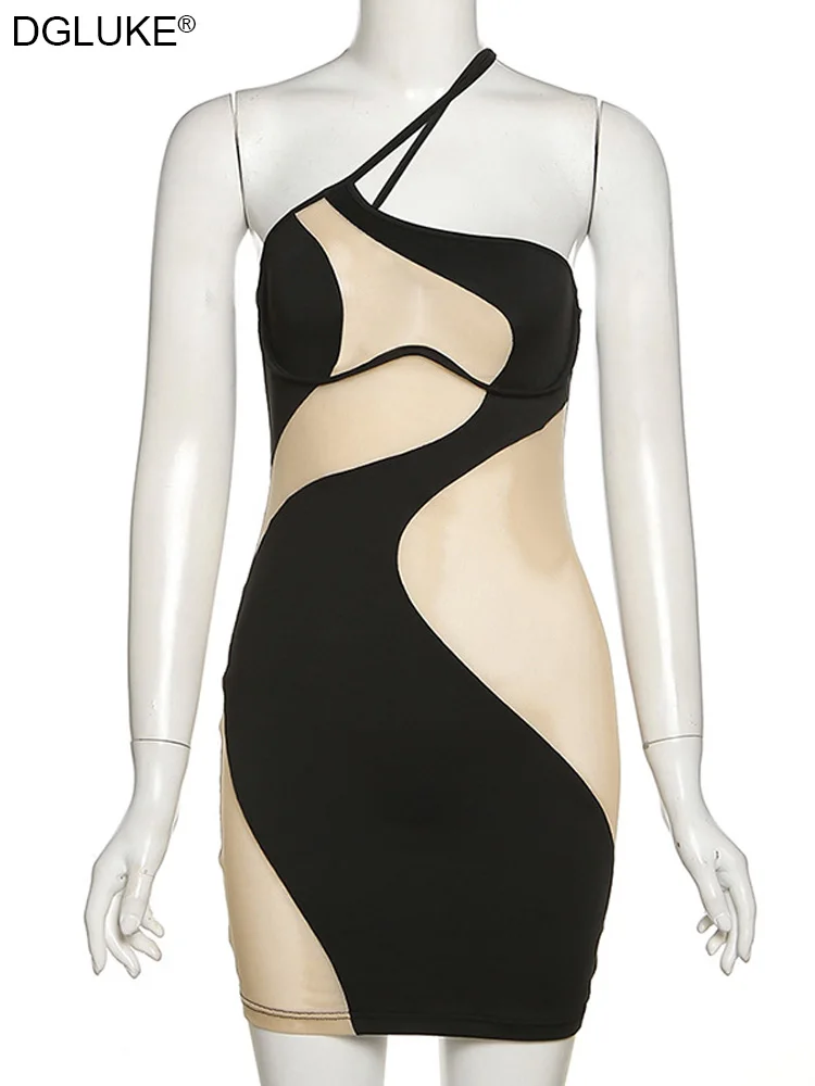 Сексуальное прозрачное мини-платье на одно плечо без рукавов Сетчатое