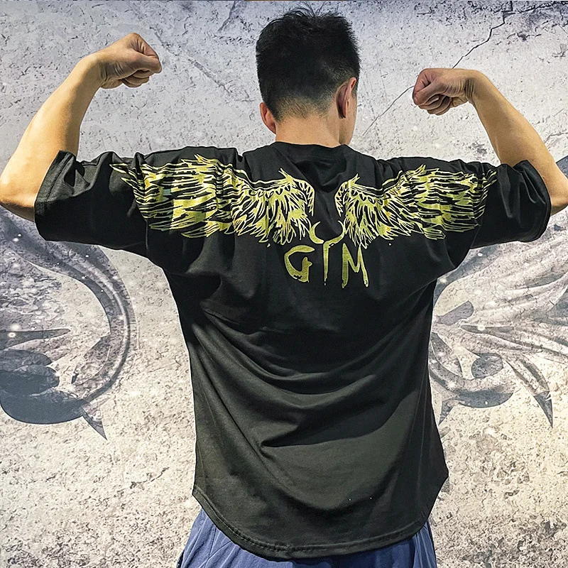 

2022 Men Oversized T-shirt Hip Hop Gyms Singlet Cotton Loose Bodybuilding Men Fitness Round Neck Printed Short Sleeve Shirts