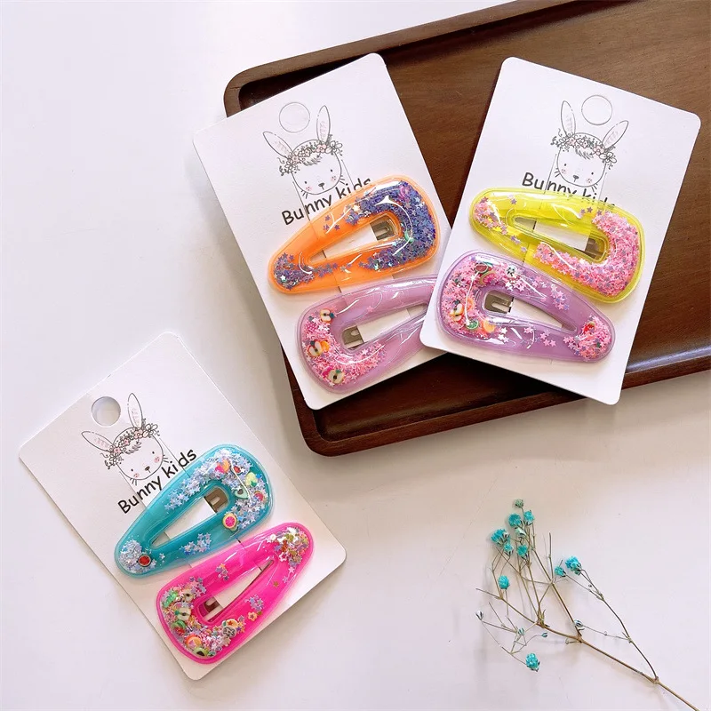 

2pcs Set of South Korea's Sweet Summer Bright Transparent Quicksand BB Geometric Side Hairpin for Children Girl Hair Accessories