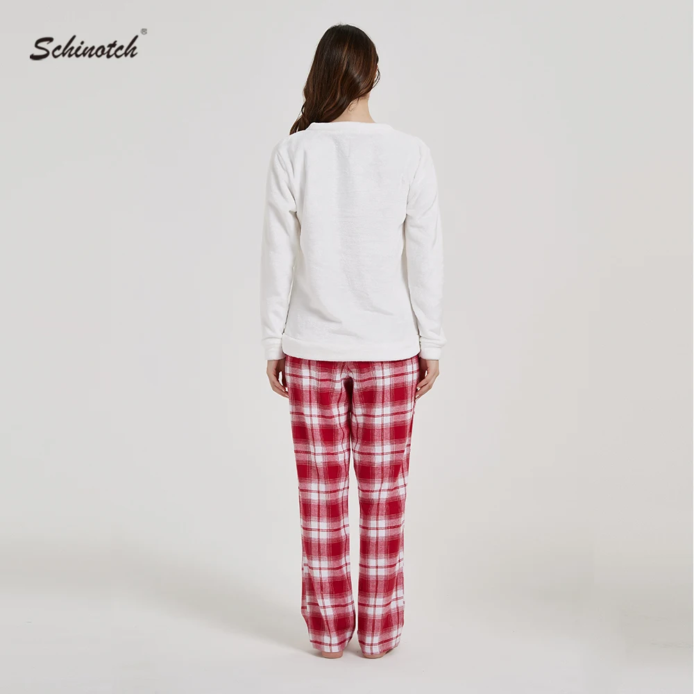 Women Pajamas Set Autumn Winter Warm Coral Fleece Top and Plaid Cotton Brushed Pants Nightwear Loungewear Ladies Sleeping Pants