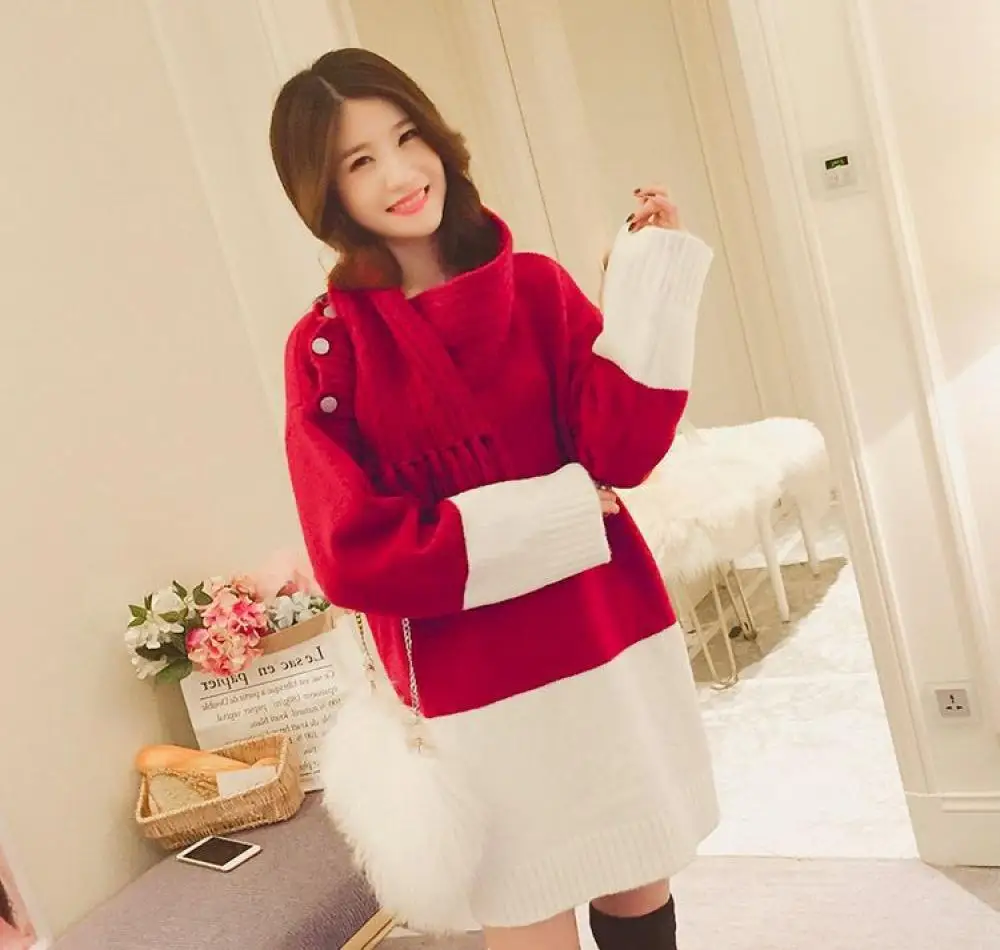 

Christmas Sweater Women 2022 Autumn Winter Outwear Coat Long Sleeve O Neck Pullover Pair with Scarf Fashion Women Knitted Dress