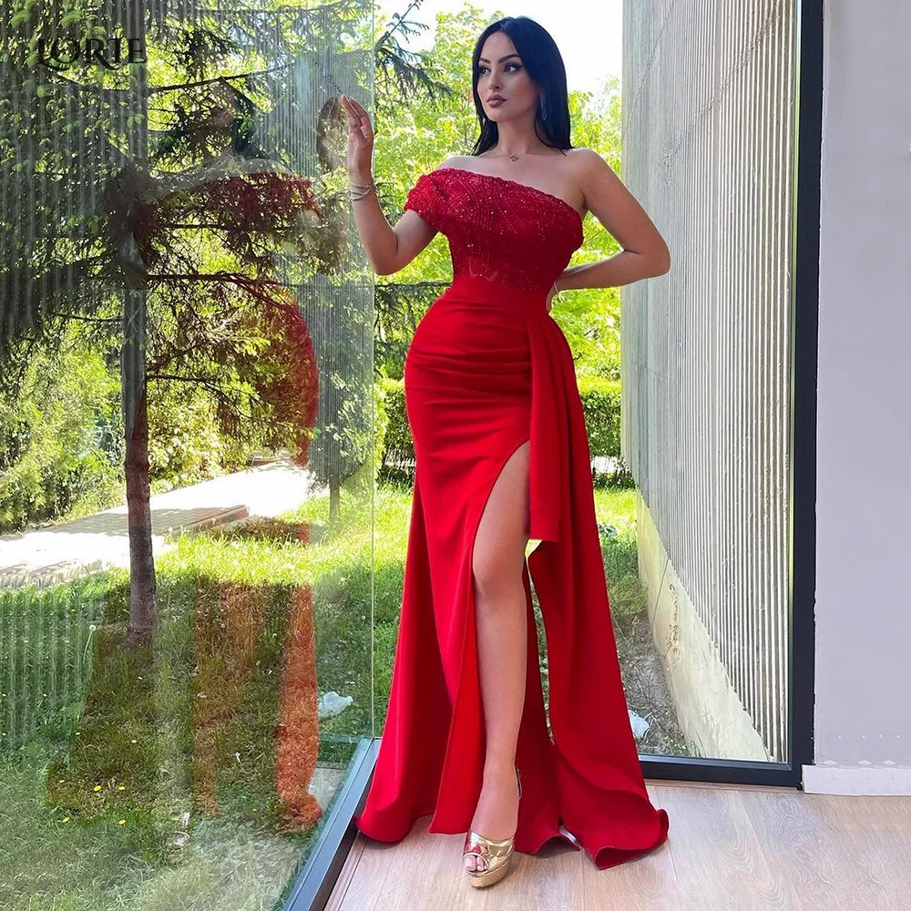 

LORIE Sexy Red Arabia Mermaid Formal Evening Dresses Bodycon One Shoulder Beadings Dubai Party Dresses Side Slit Celebrity Dress