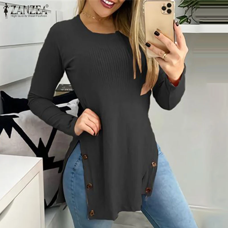 

2022 Spring Long Sleeve Tees Women Fashion O Neck Tops Lady Casual Irregular Tunic Oversized Spilt Blusas ZANZEA Solid T-Shirts