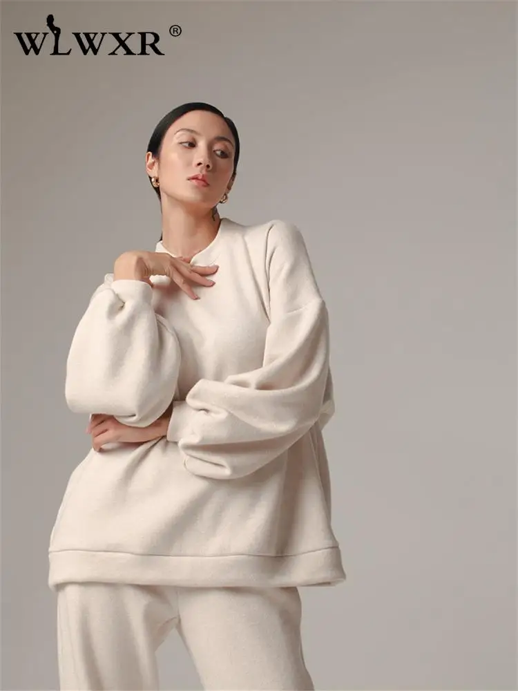 

WLWXR осенний Повседневный кремово-белый комплект из 2 предметов спортивные костюмы для женщин с круглым вырезом свободный топ с рукавами-фонариками мешковатые брюки подходящие комплекты