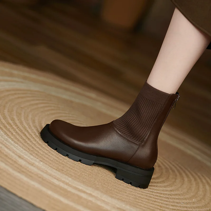 TSTCTB 2022 Autumn Winter Ankle Boots for Women New Splicing Genuine Leather Platforms Thick Heels Sock Boots Casual Shoes Woman