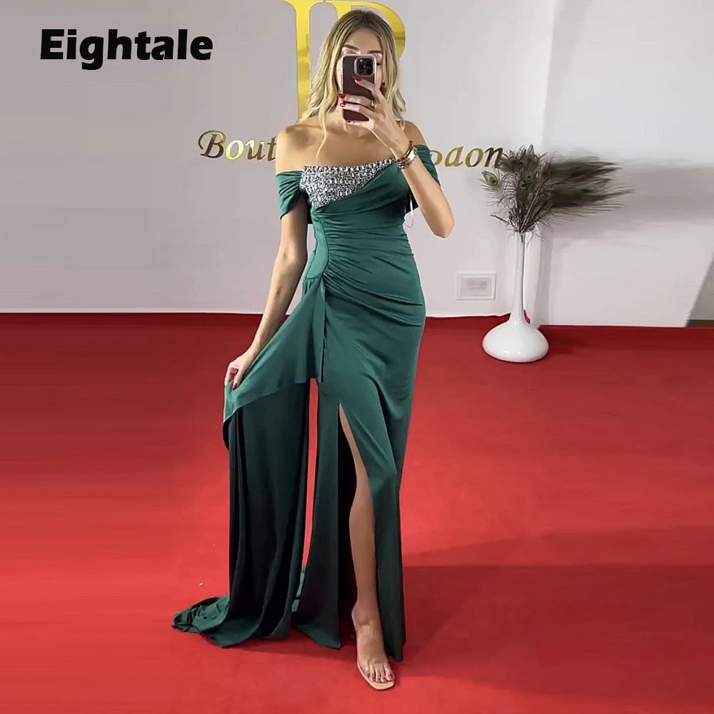 Eightale Emerald Green Evening Dresses for Wedding Party Satin Beaded Off Shoulder Slit Mermaid Arabic Celebrity Prom Gown