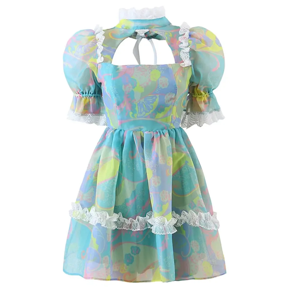 

Maxdutti Fashion Retro Mini Dress Women 2022 French Style Organza Colorful Lace Splicing Turtleneck Sexy Party Dress