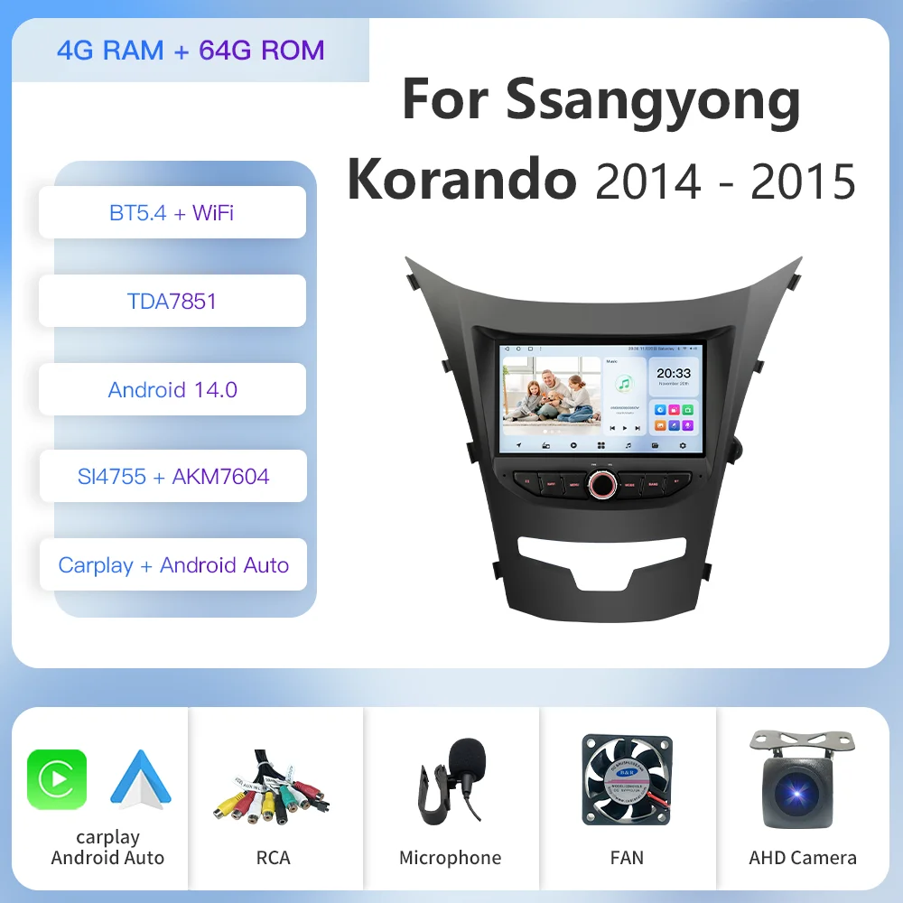 

Kapud Android 14 Автомобильный радио стерео мультимедийный плеер для Ssangyong Korando 2014 2015 CarPlay Auto 2 Din GPS-навигация Wi-Fi SWC