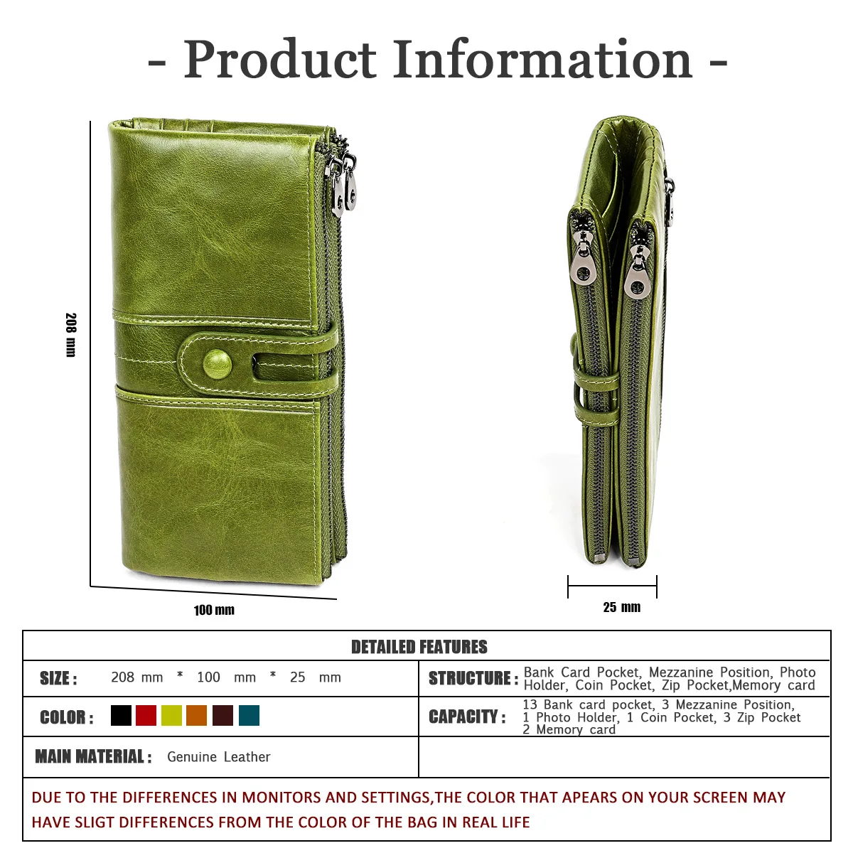 2023 Multi-functional Long Leather Women Wallet Genuine Leather Phone Holder Three-fold Purse Ladies Zipper Purse Card Holder
