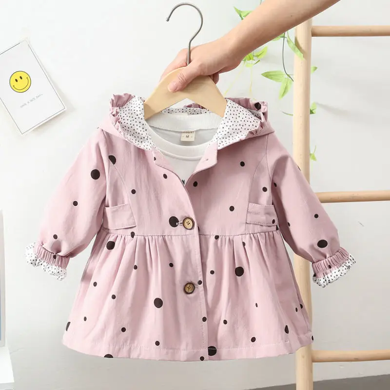 

High End Spring Autumn Sweet Pink Jacket Kids for Girls Windbreaker Trench Hooded Coat Children Outerwear Dots Baby Girls Coats