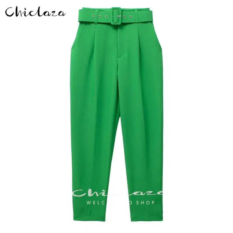 CHICLAZA Women 2022 Spring Autumn Black White Office High Waist Pants Ladies Casual Solid With Belt Green Harem Trousers Female