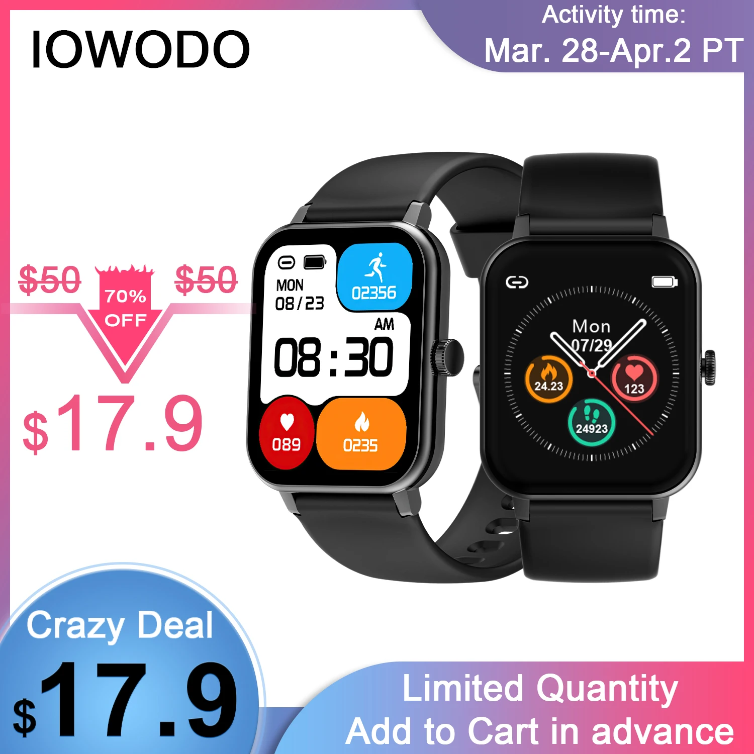 

Смарт-часы IOWODO, 1,69 дюйма, IP67, С Пульсометром