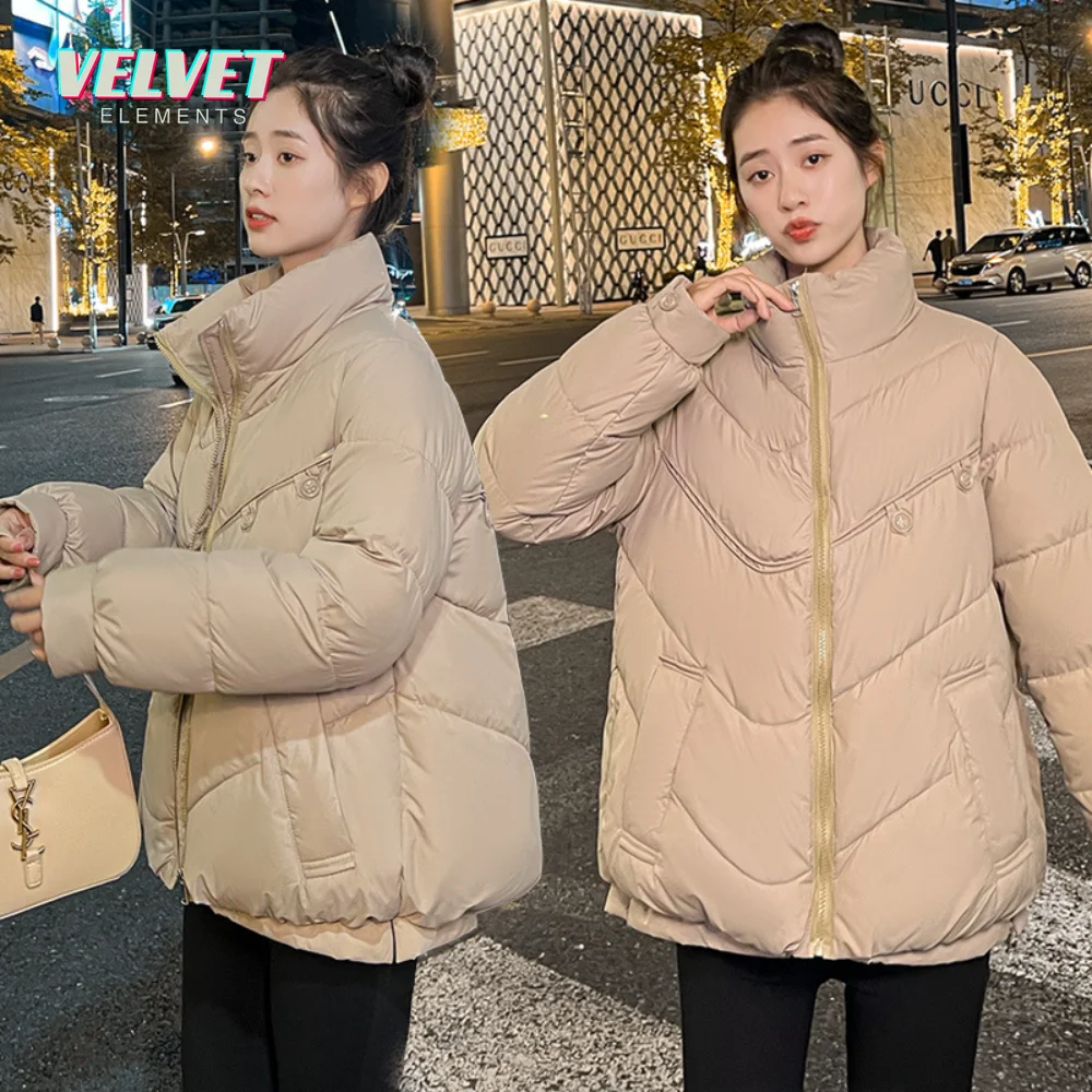

V&Es 2023 Korean Fashion Elegant Women Padded Cotton Coats Stand Collar zipper Parkas Solid Long Sleeve Warm Jackets