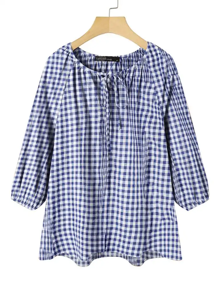

Женская винтажная клетчатая блузка ZANZEA, рубашка сезона весна-лето 2022, топы с рукавом 3/4, блуза, Повседневная Свободная бандажная блузка, женс...
