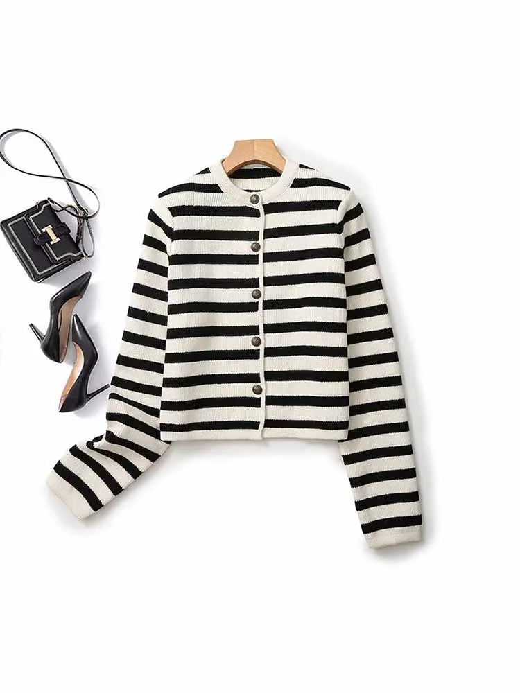 

Женский укороченный кардиган в полоску, повседневный винтажный кардиган с круглым вырезом и длинным рукавом, верхняя одежда на пуговицах, шикарные топы