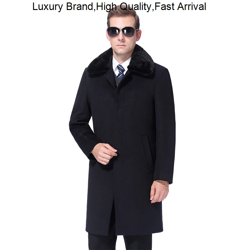 

Wool 2023 Men Winter Woolen Long Cashmere Coats Mens Overcoat Peacoat Real Rabbit Collar Fur Liner Korean Style
