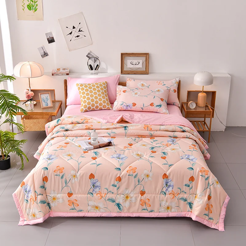

Pink Floral Summer Quilt Air Conditioner Soft Comforter Single Double Blanket Quilt Fluffy Blanket Bed Comfortable Comforter