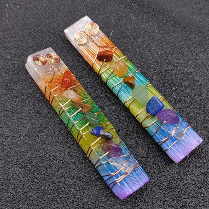 

1pcs Irregular Aura Selenite Stick Wand Wire Wrapped 7 Square Meditation Stones Bar Colorful Chakra Yoga M8i8