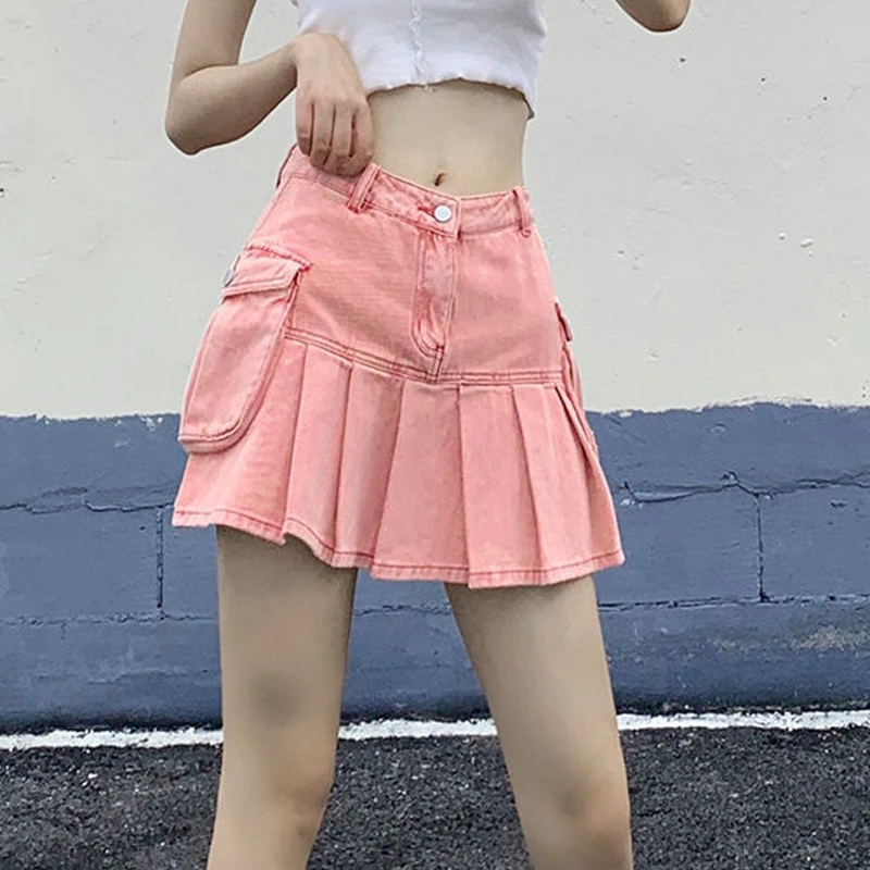 

Women Harajuku Style Gyaru Low Waist Ruffle Patchwork Sexy Pocket Mini Skirt Gothic Streetwear 2023 Pink Grunge Y2k Denim Skirt
