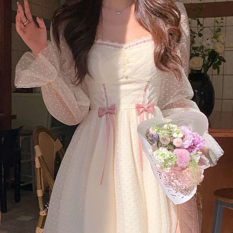 

2021 Autumn Elegant Princess Dress Women Sweet Dot Party Long Sleeve Fairy Dress Female Casual Vintage Korean Kawaii Mini Dress