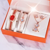 luxury ladies watch 6pcs set bracelet necklace earrings rings square watch full diamond women watch fashion crystal quartz clock