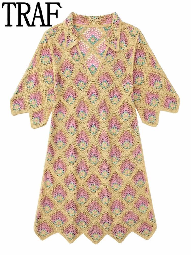 

TRAF 2022 Cut Out Crochet Dress Woman Floral Knit Short Dress Women Short Sleeve Summer Dresses Woman Cottagecore Mini Dress