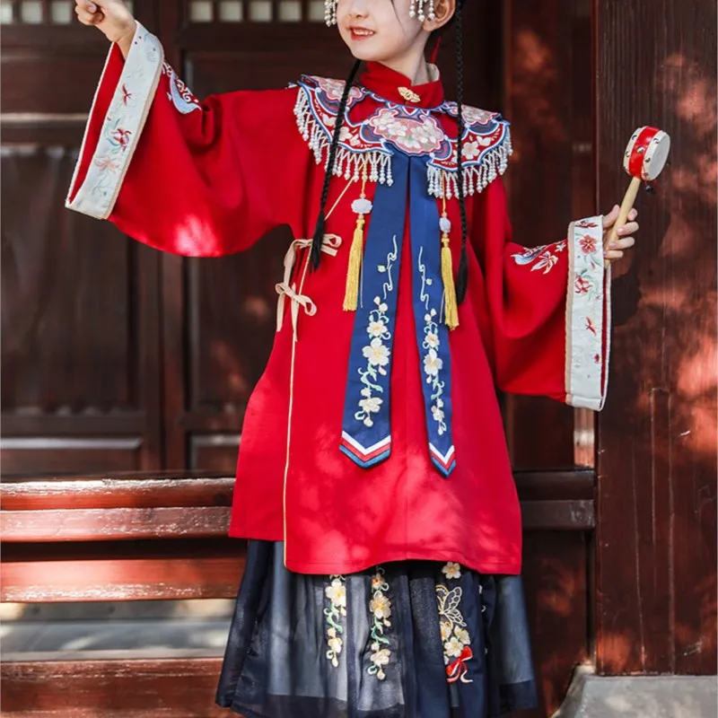 

Ming-Made Children's Embroidered Hanfu Girls' Ancient Costume Tang Costume Chinese Style Hanfu Skirt Cloud Shoulder Suit LC773