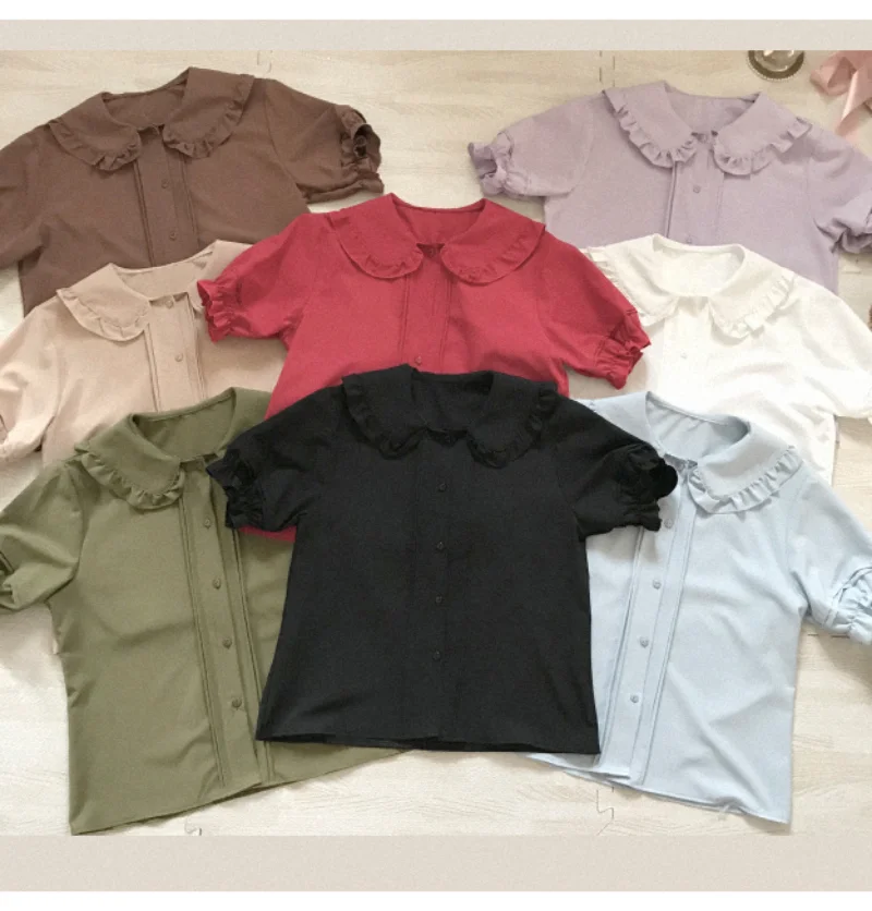 

Japanese Sweet JK Shirts Women Cute Ruffles Peter Pan Collar Lantern Short Sleeve Lolita Blouses Girls Kawaii Black White Blouse