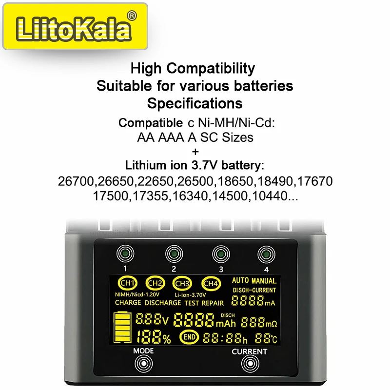 Фото Умное зарядное устройство LiitoKala Lii-600 для 18650/21700/26650/AA/AAA/Ni-MH/Li-ion, ЖК-дисплей, быстрая зарядка, 4-слотовый независимый №4