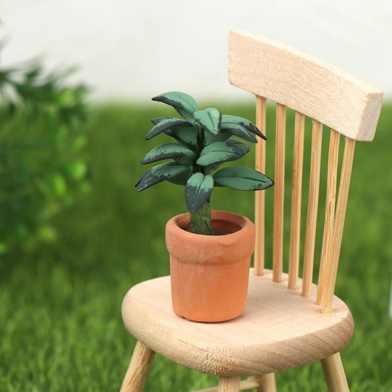 

1:12 миниатюрный горшок для кукольного домика, растение с зелеными листьями, садовая модель, декоративная игрушка, декор для гостиной