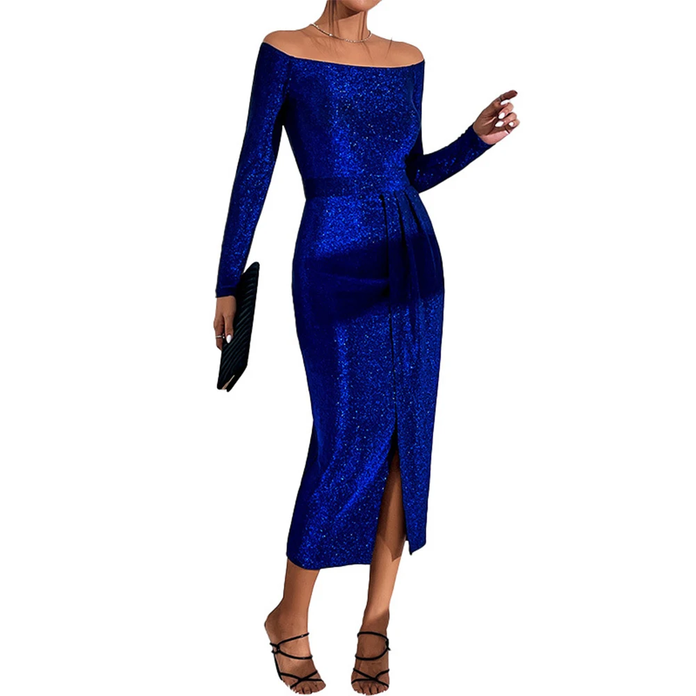 

Sexy Off Shoulder Sequined Slit Maxi Dress Women Slash Neck Solid Color Evening Party Long Sleeve Slim Prom Vestidos