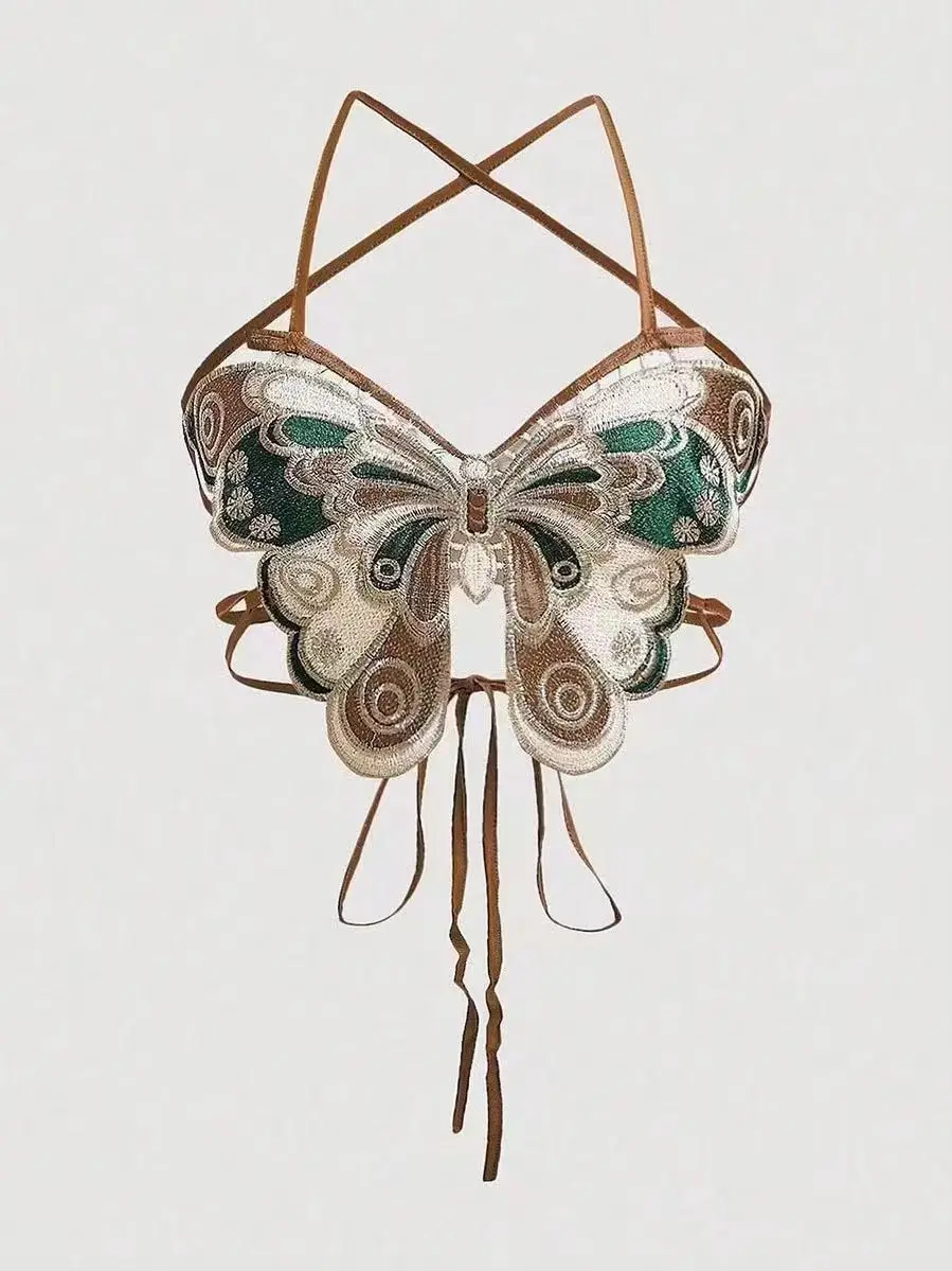 Женский укороченный топ без рукавов с вышивкой бабочки