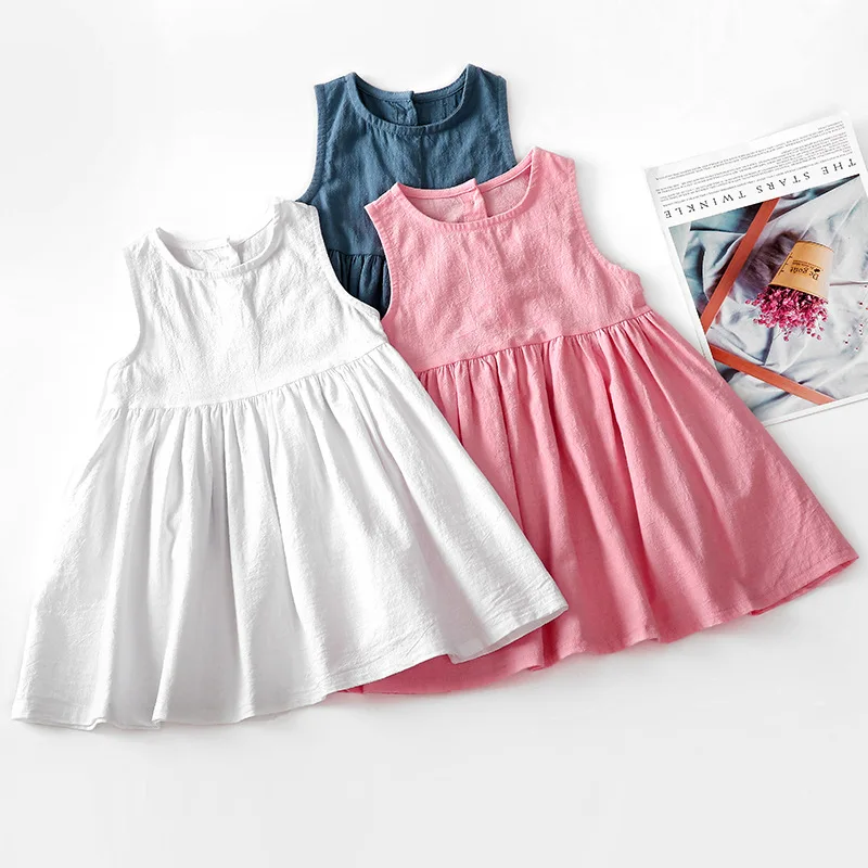 

New Girls Dress Solid Color Summer Sleeveless Girls Pleated Dress Cotton Linen Dress