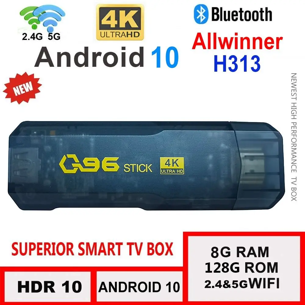 

Q96 Dongle Home Theater 2.4/5G Dual WIFI TV Stick Bluetooth Smart TV Box Set Top Box Allwinner H313 Android 10