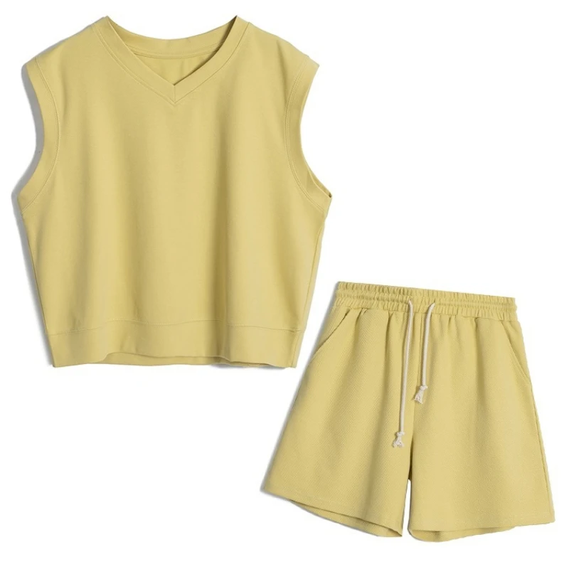 

V-Neck Vest Outer Lace Up Sports Pants Twill Loose Sleeveless Two-piece Spring Summer Sports Style
