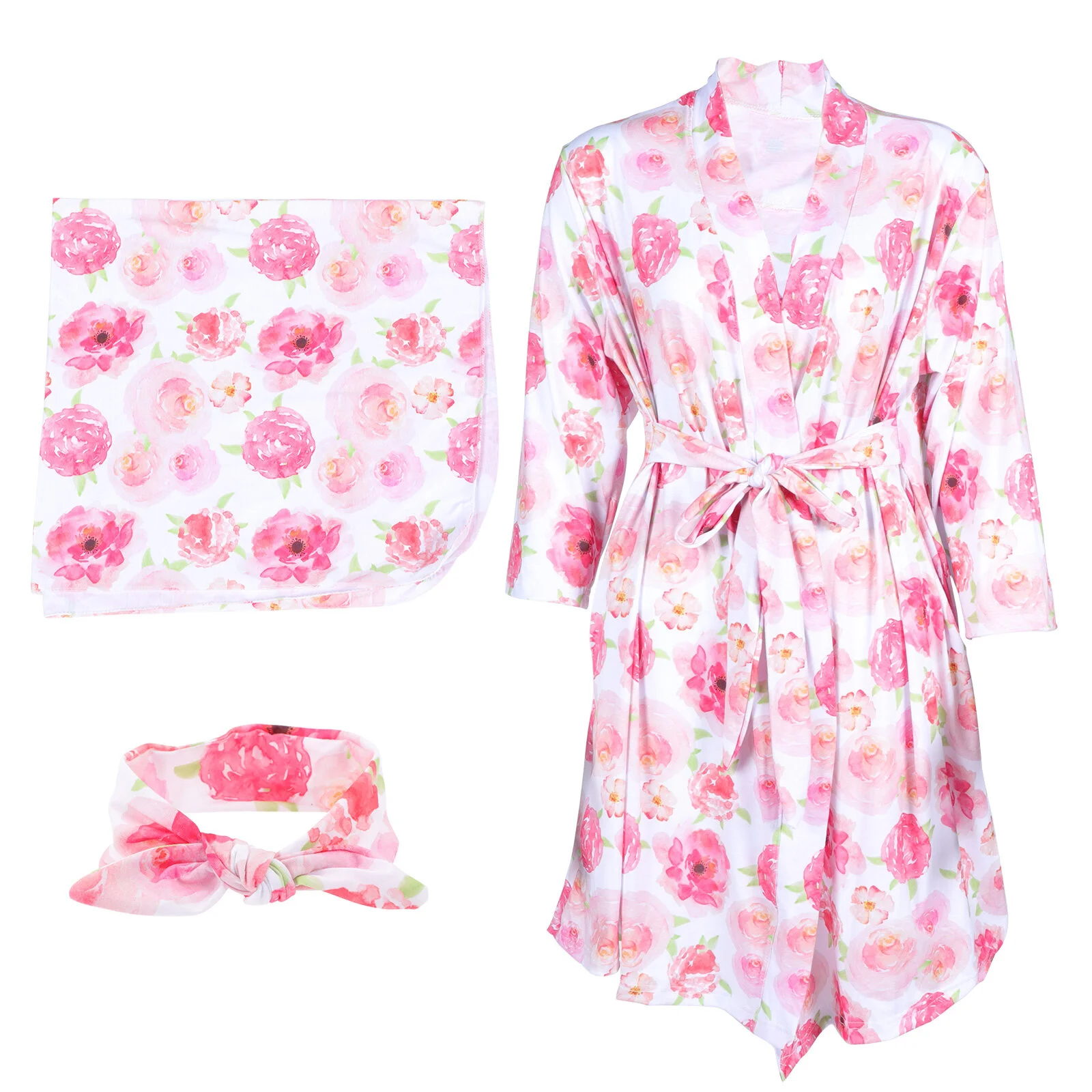 

1 Set Mom Robe Maternity Robe with Matching Baby Swaddle Blanket and Headband