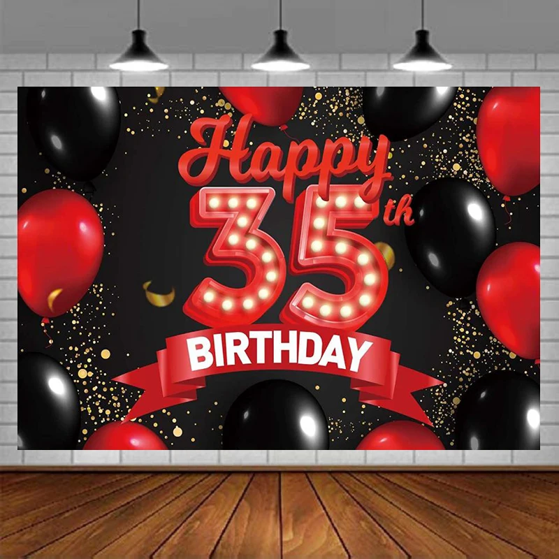 

Red And Black Banner Backdrop Balloons Theme Decor For Girls Women 35 Years Old 35th Birthday Party Background Glitter Gold