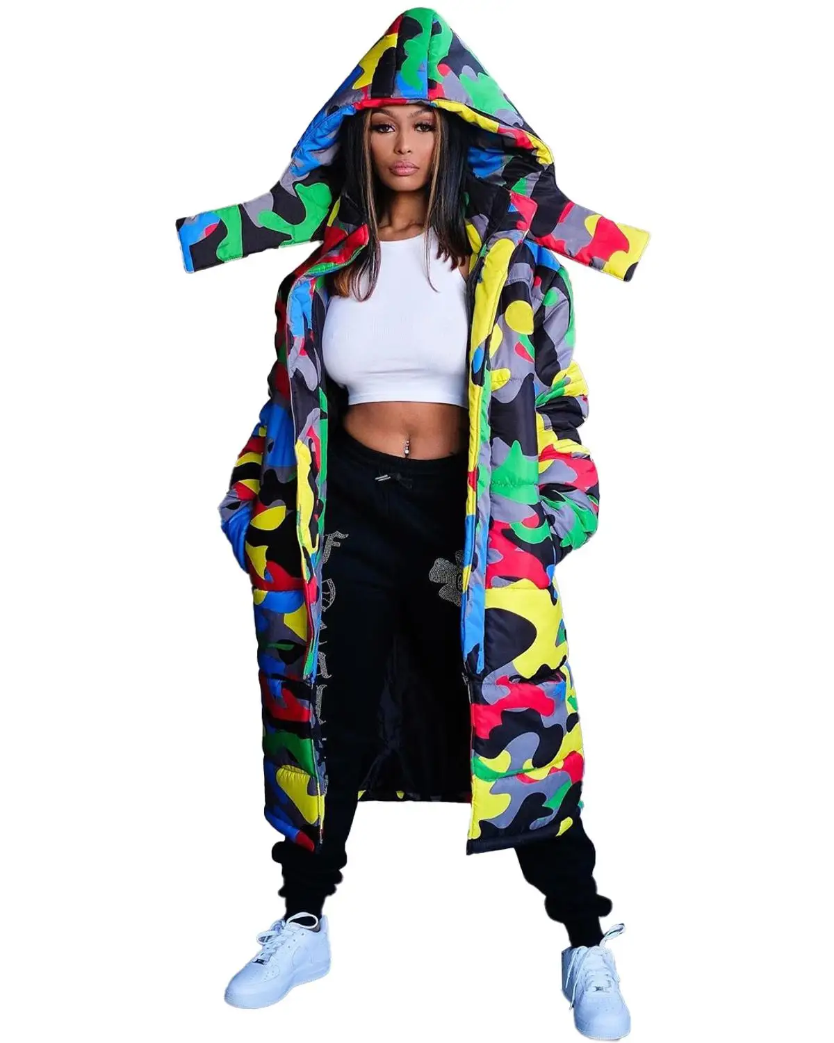 Winter Long Camouflage Print Jacket for Women Casual Long Sleeve Hooded Pocket Puffer Jacket High Street Warm Thick Bubble Parka