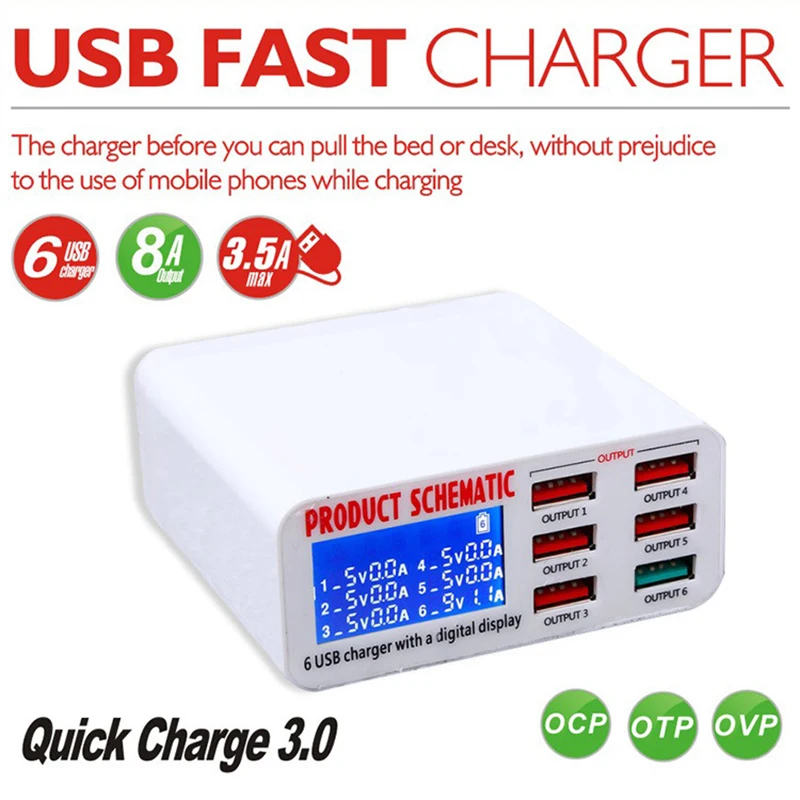 

Зарядное устройство с 6 USB-портами и ЖК-дисплеем, 18 Вт