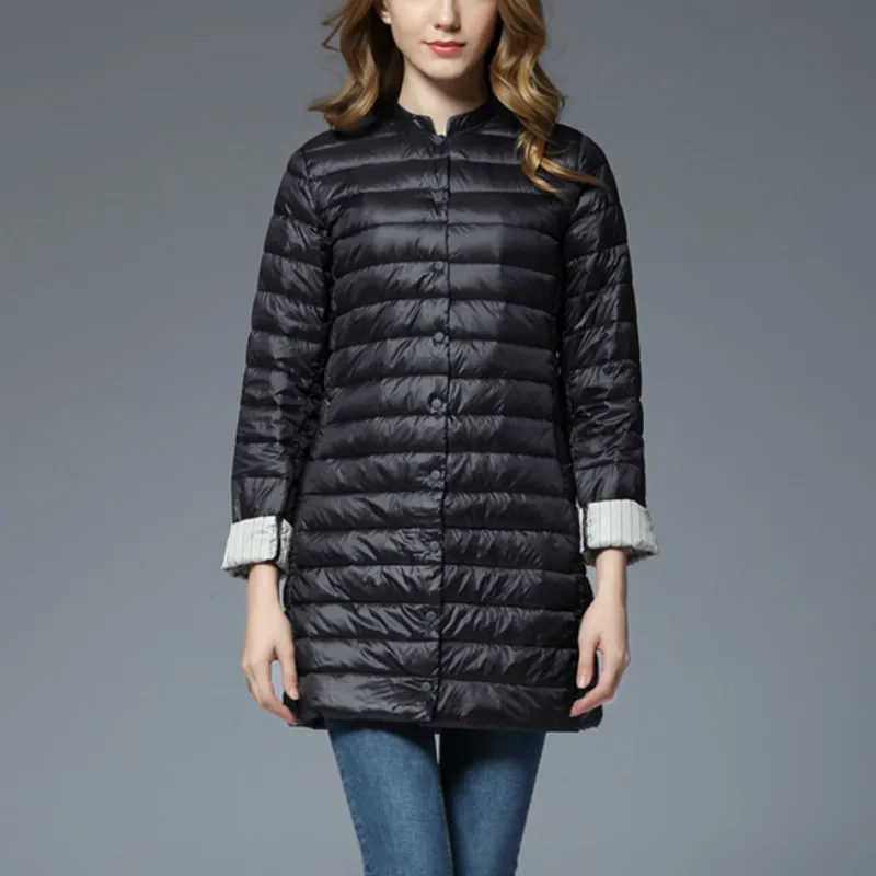 Slim Solid Long Parkas with Ultra Light White Duck Down Woman Winter Duck Down Jacket Single Breasted Pocket Office Lady Style