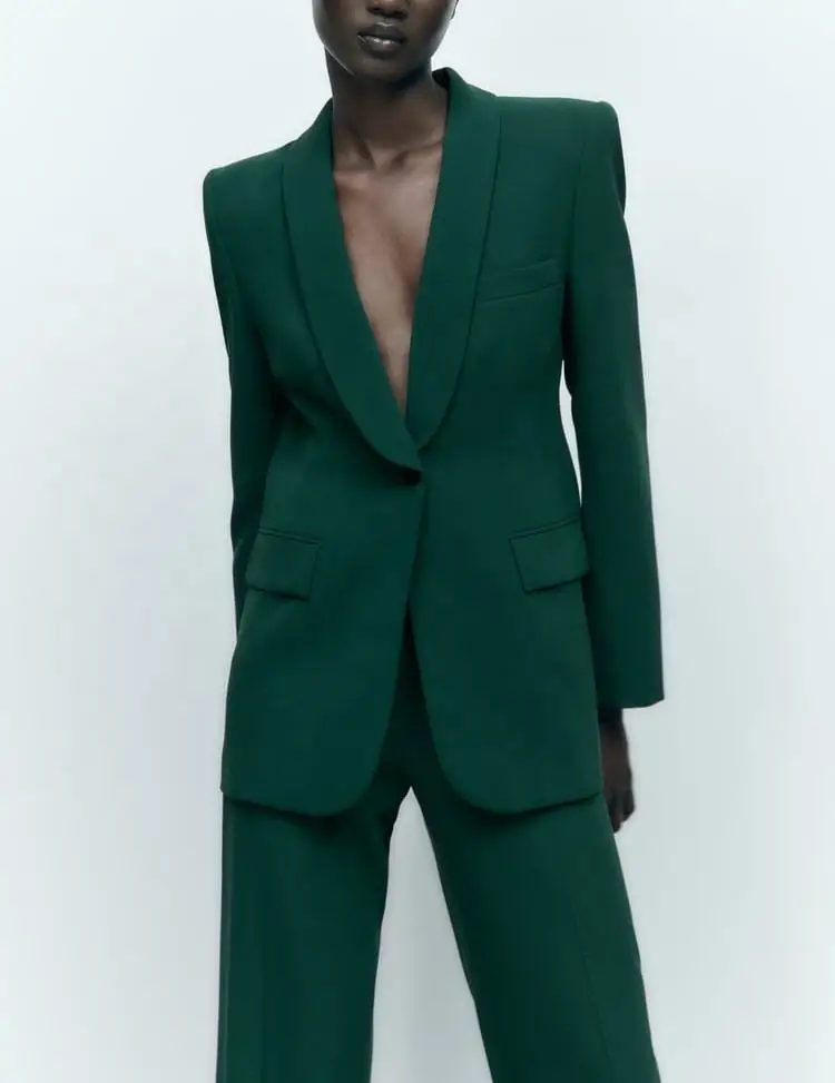 

Autumn Senior Business Workplace Elegant Women's 2PieceSet Dark Green Shawl Collar OneButton Casual Suit Coat+Straight Leg Pants