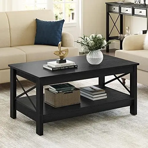 

Coffee Table with Storage Shelf for Living Room,Modern Industrial Coffee Tables with 2-Tier Thicker Legs,Wood Accent Cocktail Ce